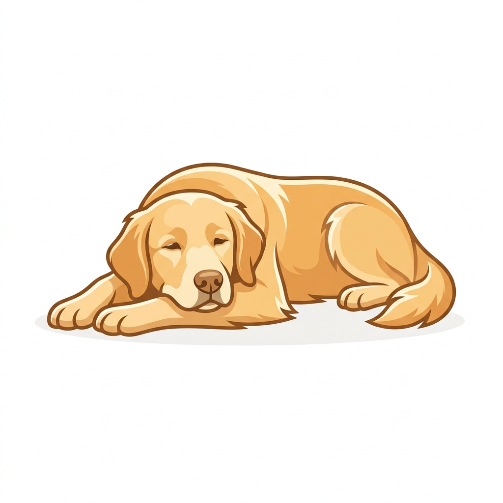An illustration of Melo resting with his head on his paws